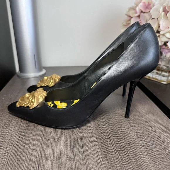 Versace Black Heels with Gold Medusa Accent - Picture 4 of 6